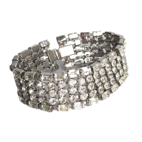 Vintage Rhinestone Bracelet Wide Runway Piece Festive Holiday Cocktail Party - Picture 1 of 9